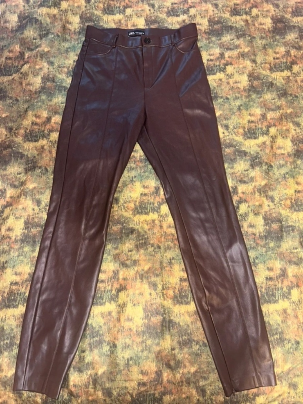 ZARA Dark Brown Chocolate Faux Leather High Rise Pants Skinny Ankle Zip Sz. M